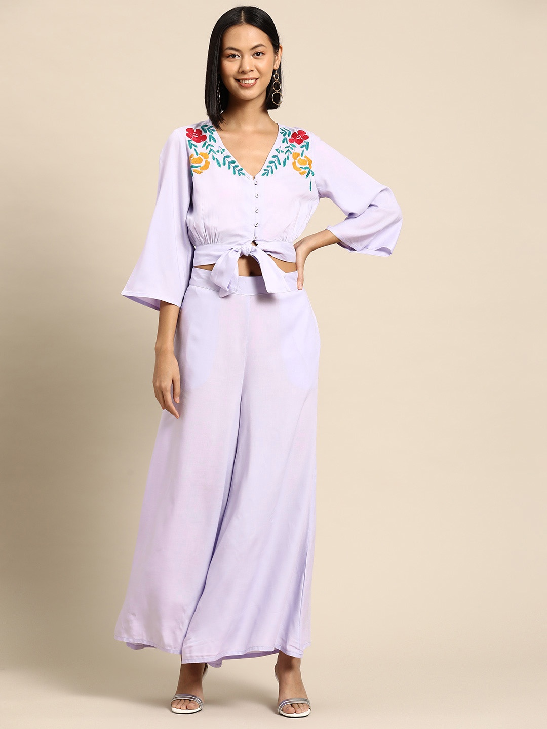 

INDYES Floral Embroidered Front Knot Top & Flared Trousers Co-Ords, Lavender