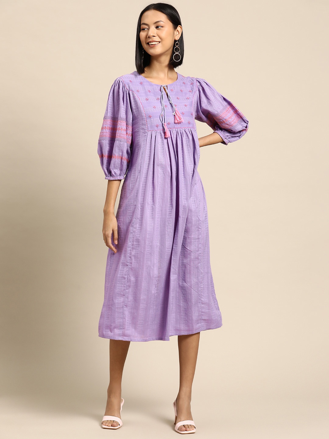 

INDYES Ethnic Motifs Embroidered Dobby Cotton A-line Dress, Purple