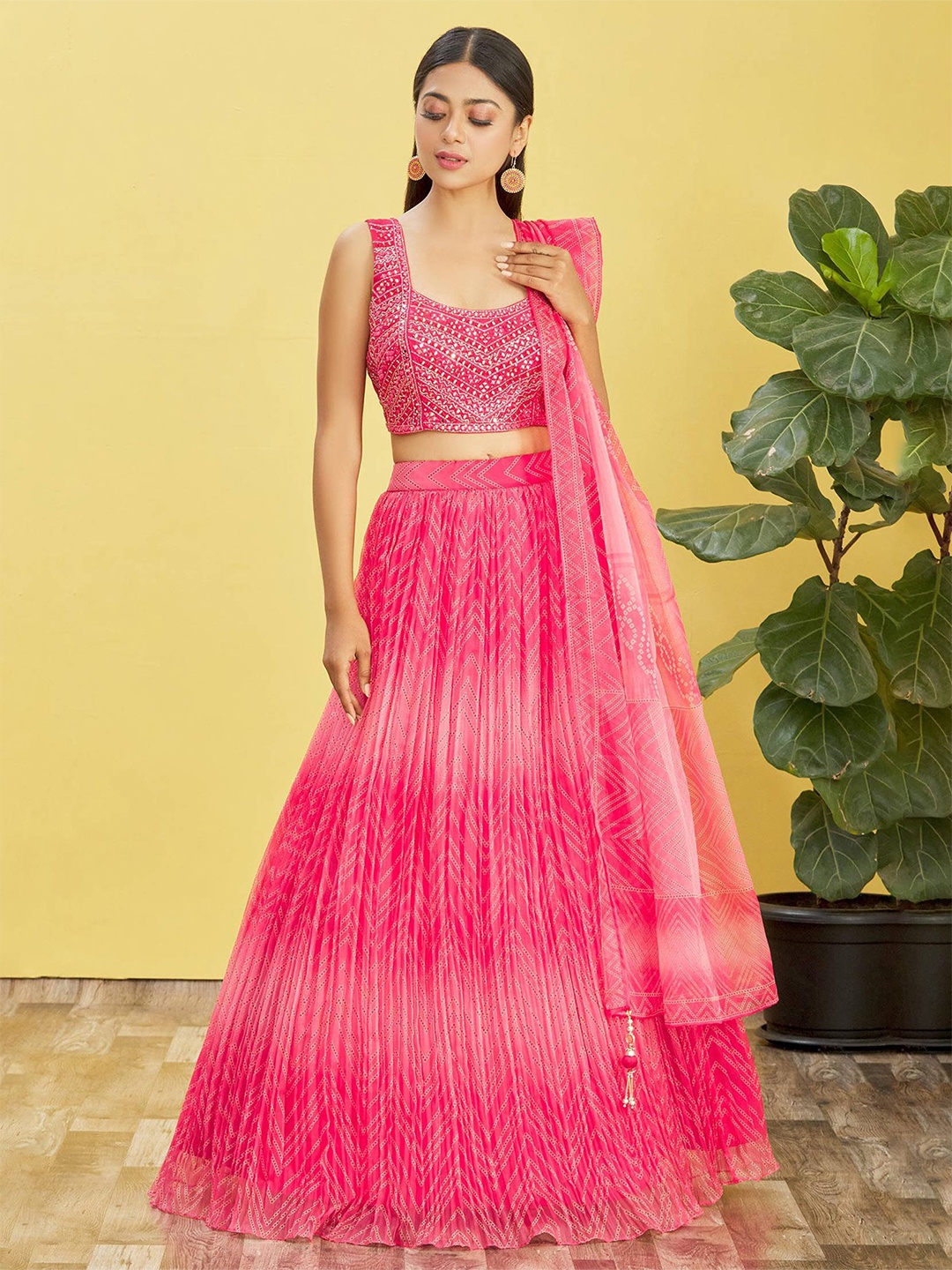 

FABPIXEL Embellished Mirror Work Semi-Stitched Lehenga & Unstitched Blouse With Dupatta, Pink