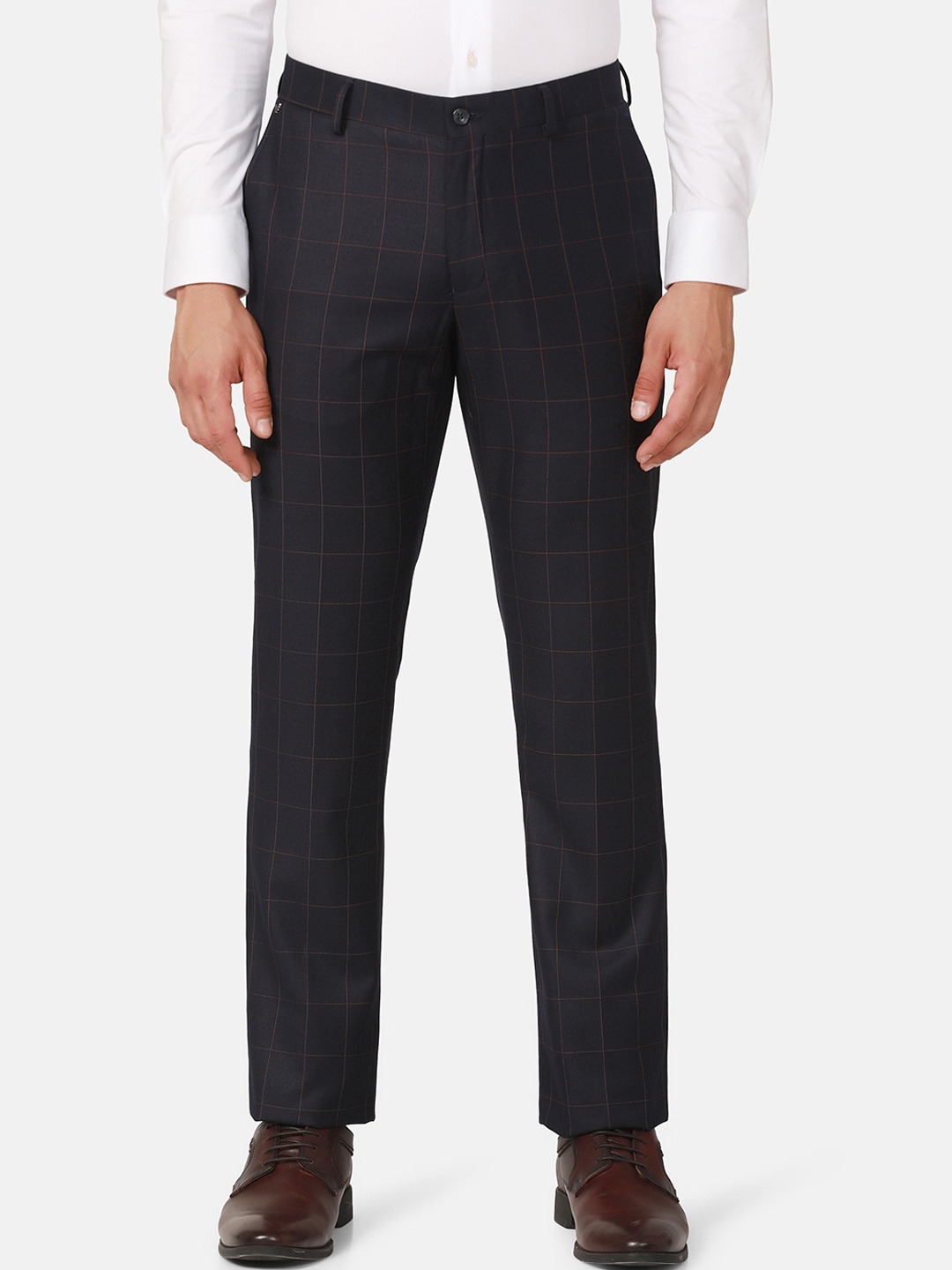 

Blackberrys Men Checked Mid-Rise B-95 Slim Fit Formal Trousers, Navy blue