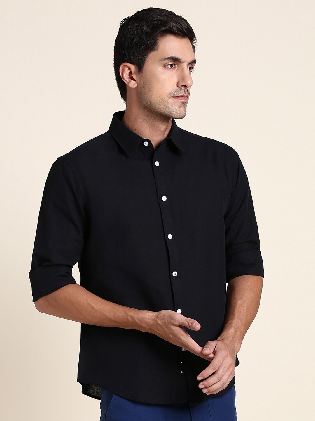 

Dennis Lingo India Slim Spread Collar Linen Cotton Slim Fit Casual Shirt, Black