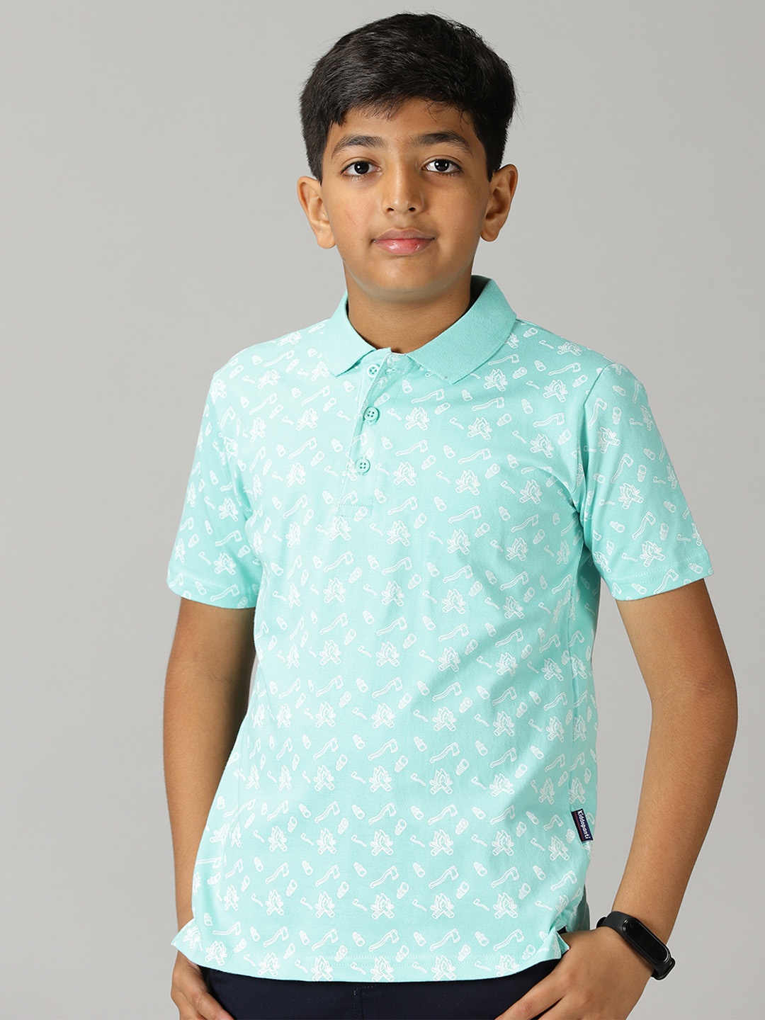 

KiddoPanti Boys Polo Collar Conversational Printed Cotton T-shirt, Green