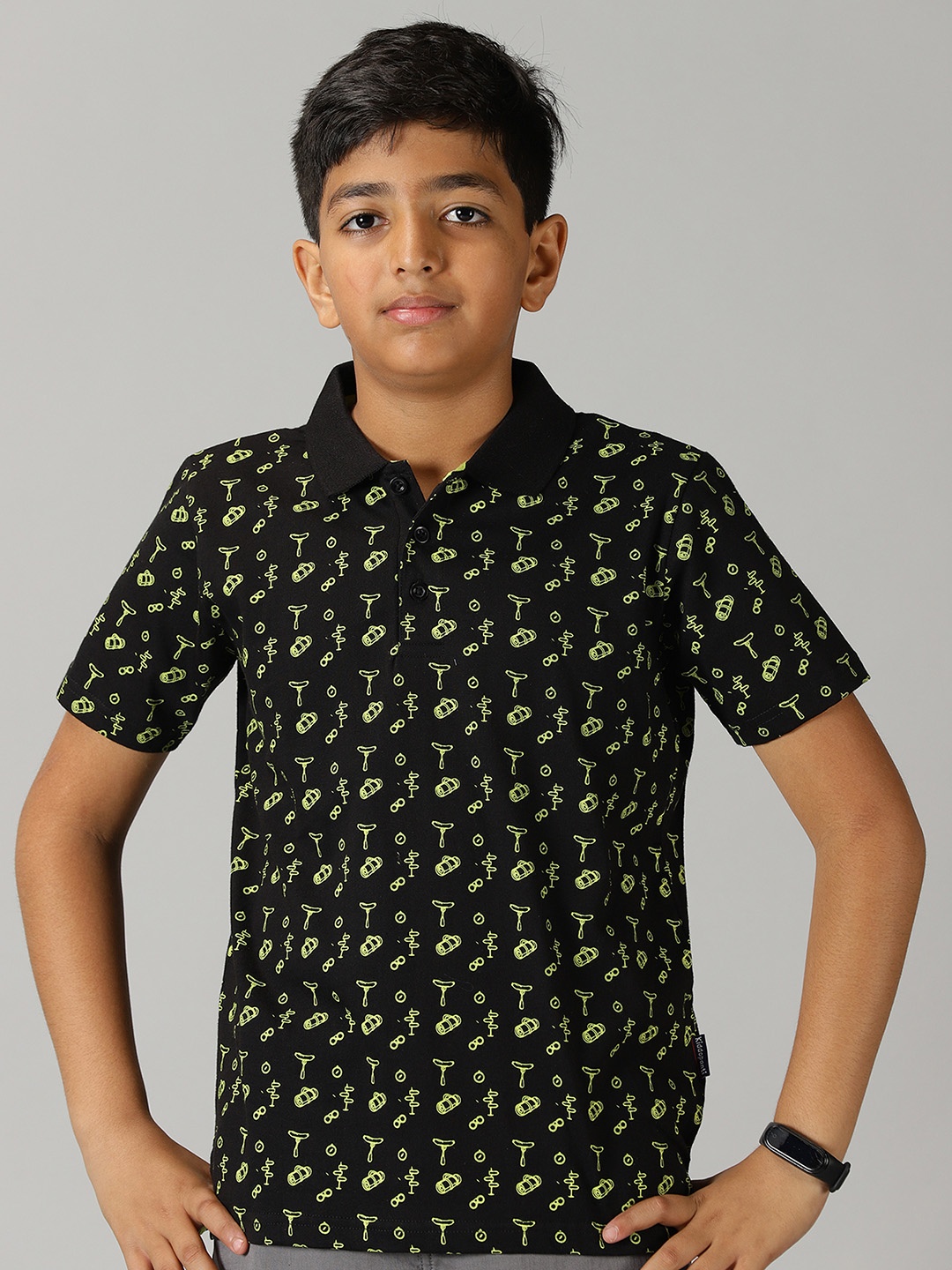 

KiddoPanti Boys Polo Collar Conversational Printed Cotton T-shirt, Black