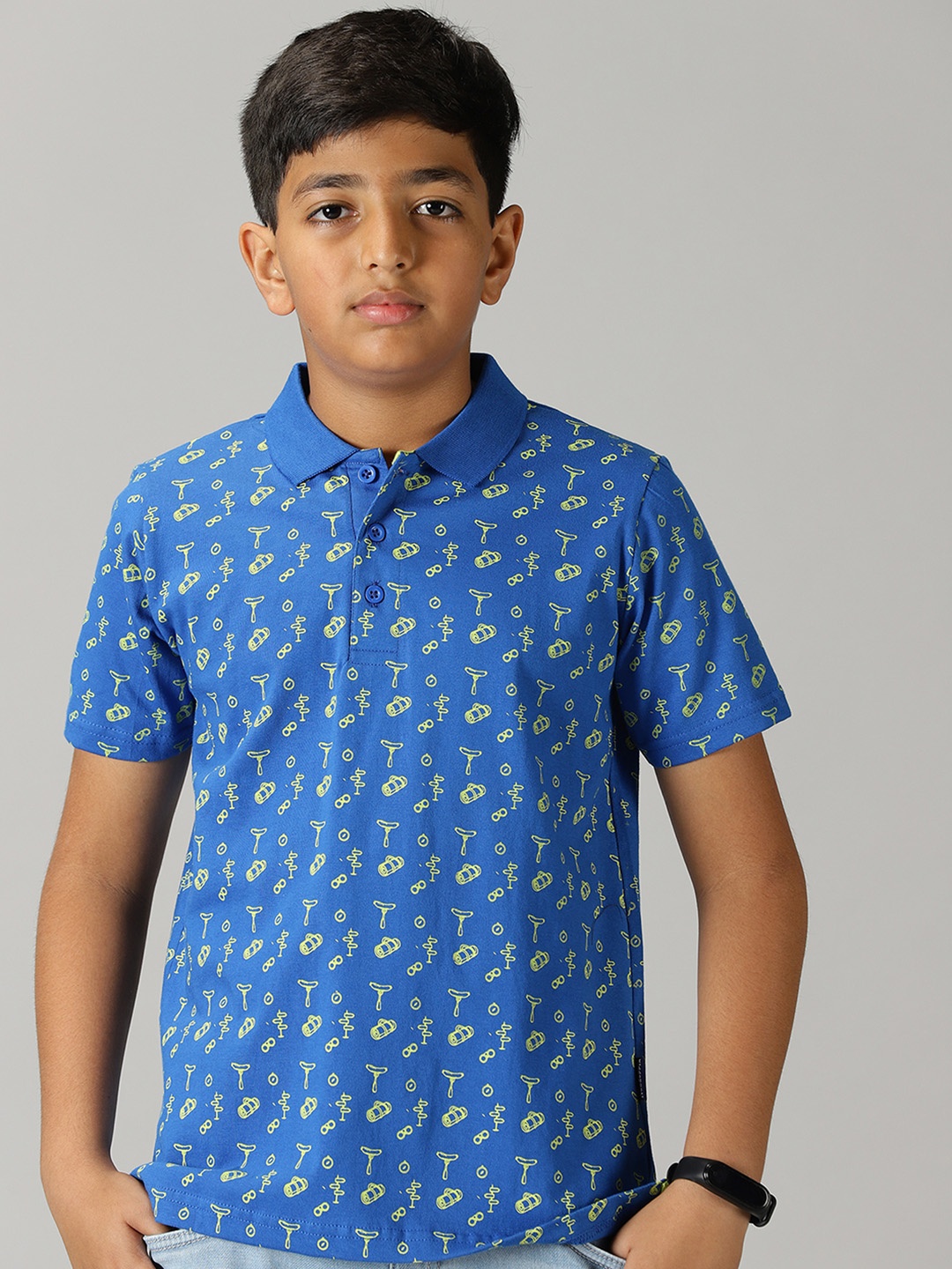 

KiddoPanti Boys Polo Collar Conversational Printed Cotton T-shirt, Blue