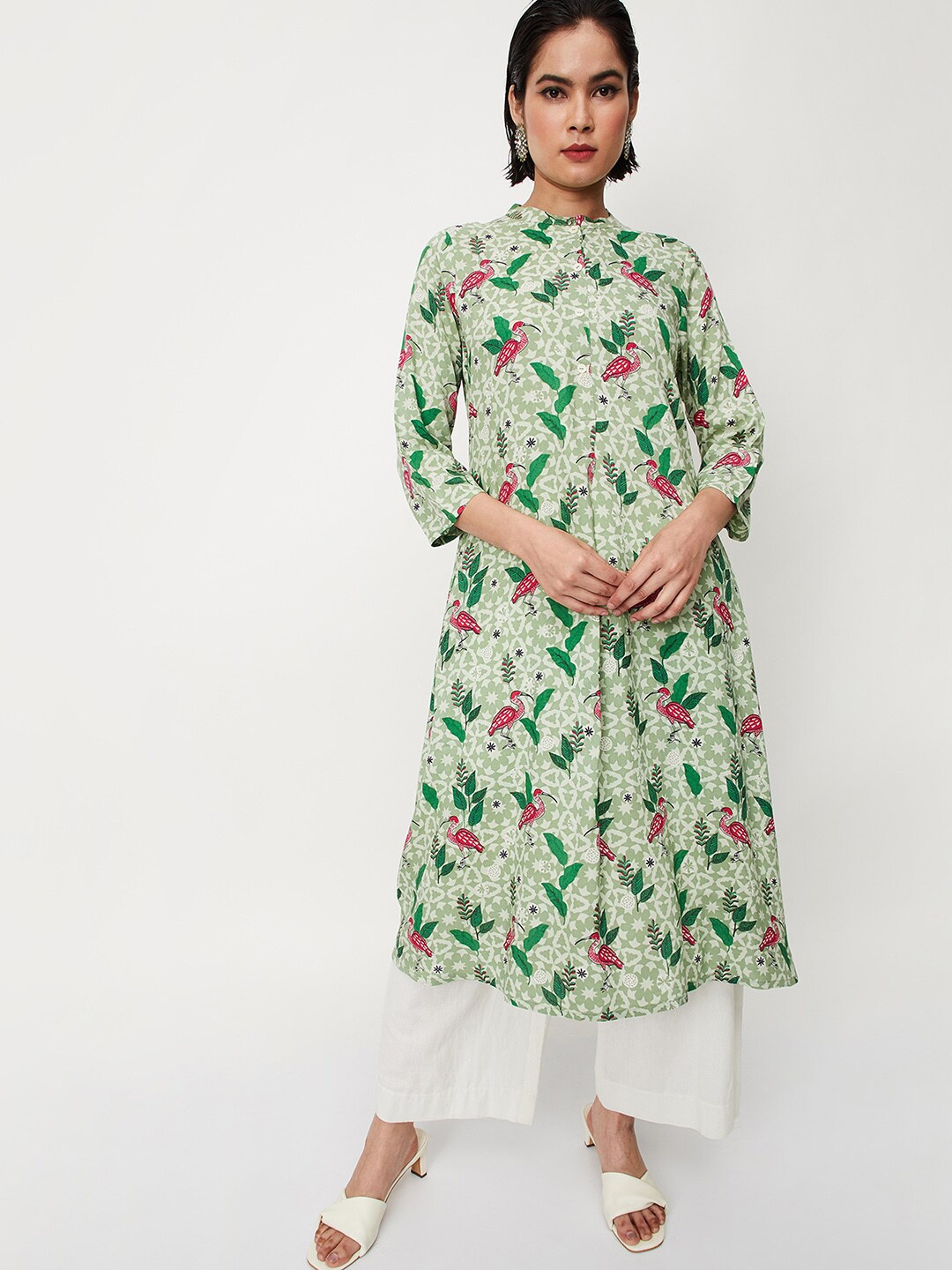 

max Quirky Printed Band Collar A-Line Kurta, Green