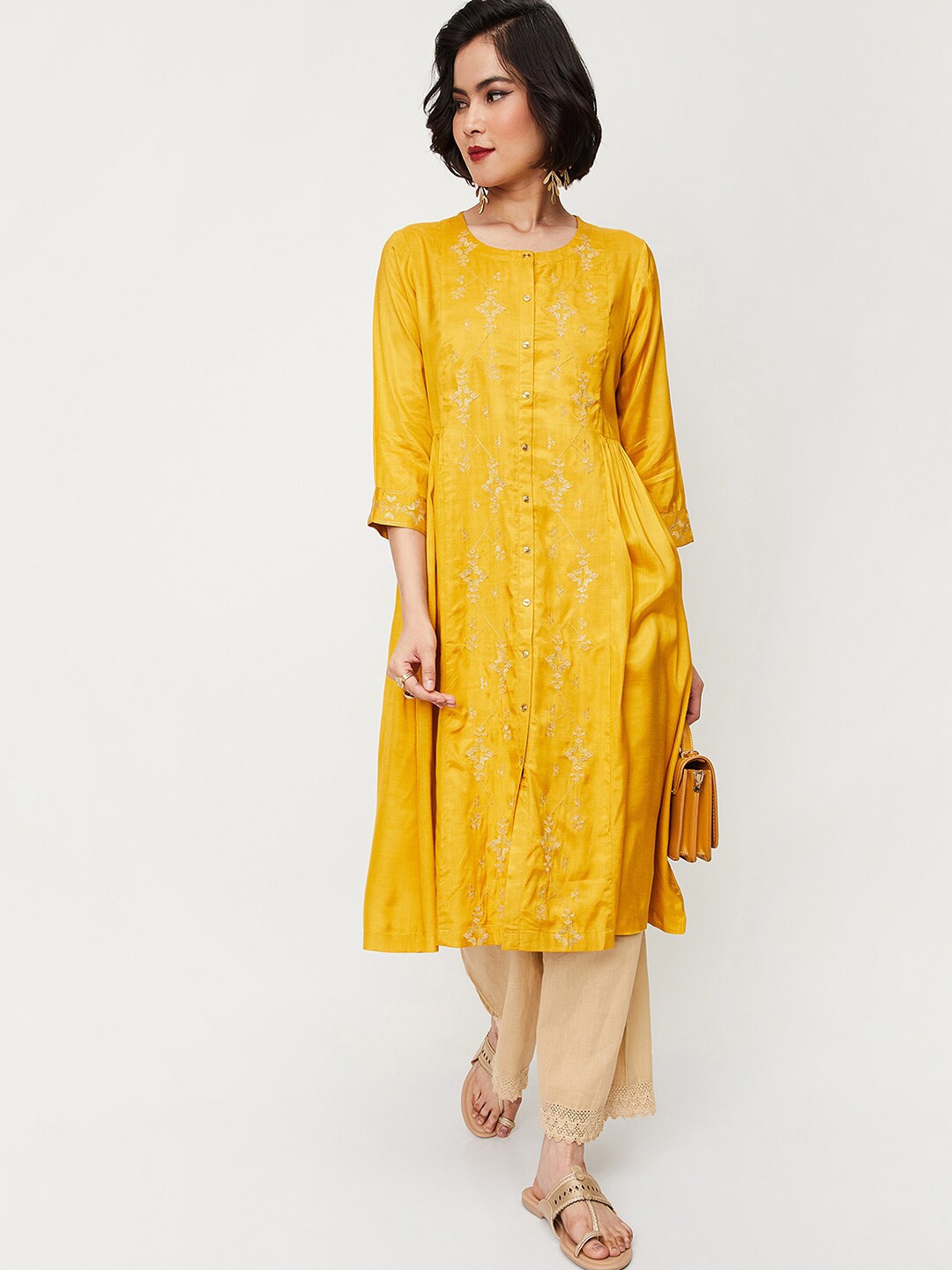 

max Ethnic Motifs Embroidered A-Line Kurta, Yellow