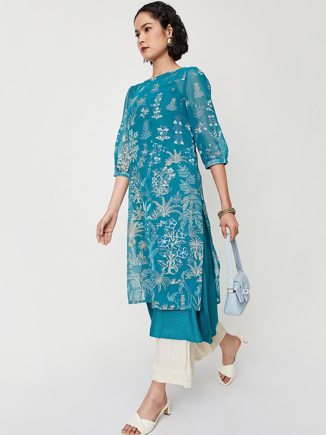 

max Ethnic Motifs Printed Georgette Kurta, Blue