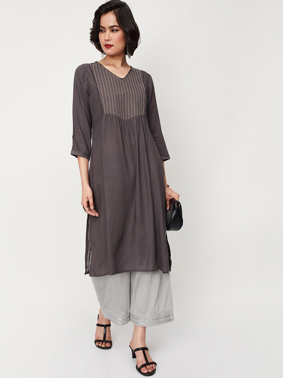 

max V-Neck Pleated A-Line Kurta, Grey