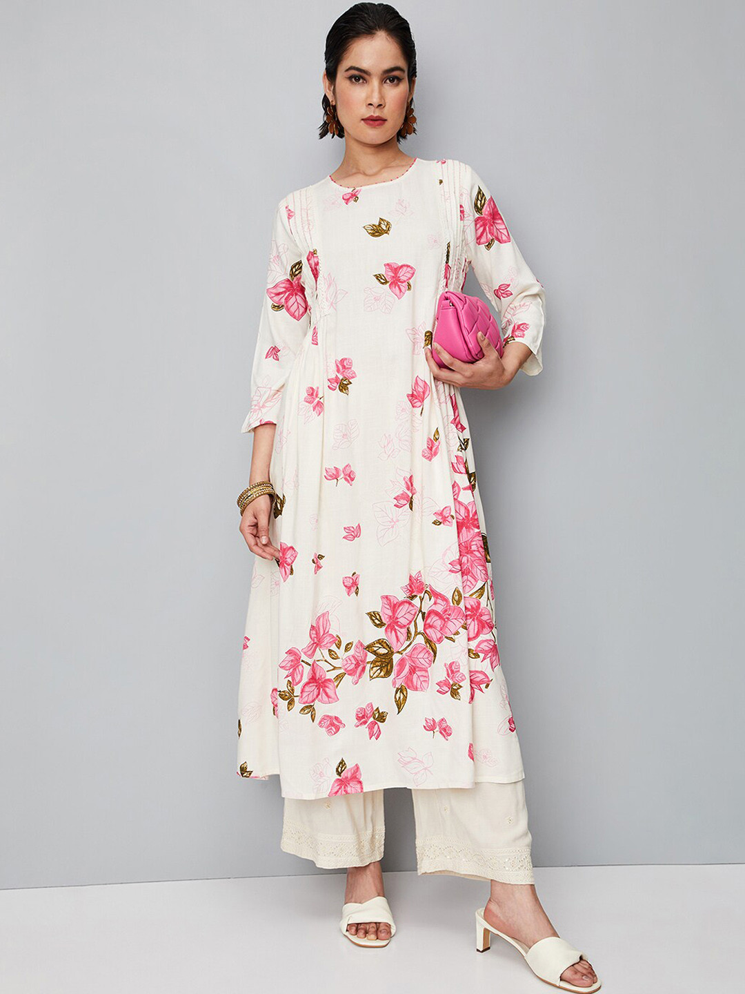 

max Pleated Floral Printed A-Line Kurta, White