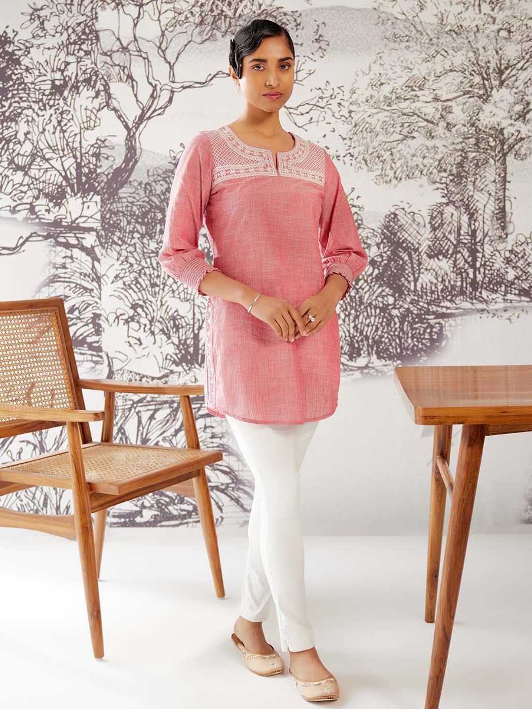

Lakshita Round Neck Embroidered Cotton Tunic, Red