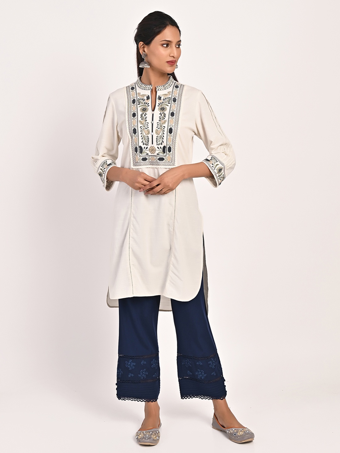 

Lakshita Mandarin Collar Floral Yoke Embroidered Pure Cotton Tunic, Off white