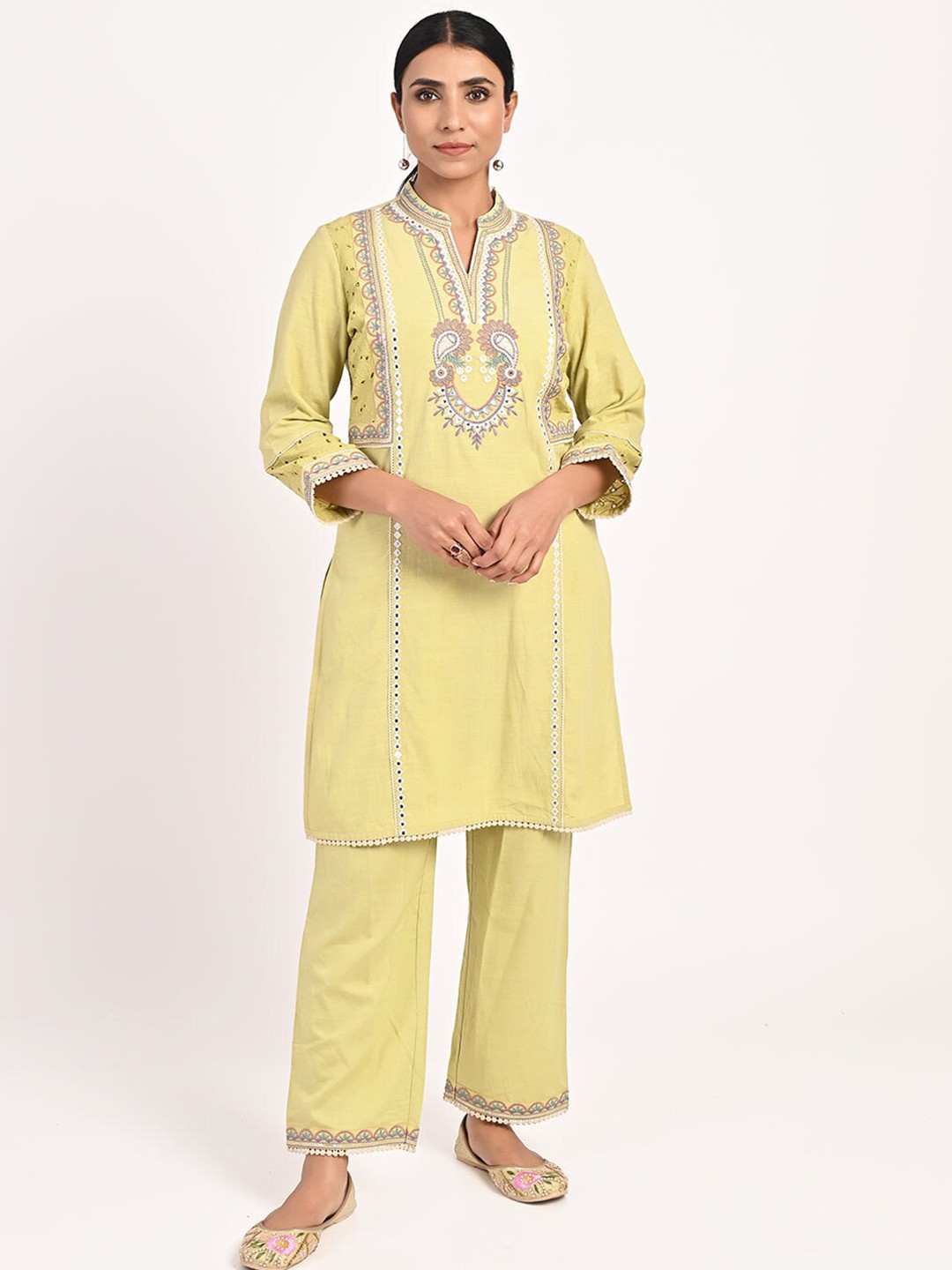 

Lakshita Paisley Embroidered Mandarin Collar Mirror Work Pure Cotton Kurta With Palazzos, Yellow