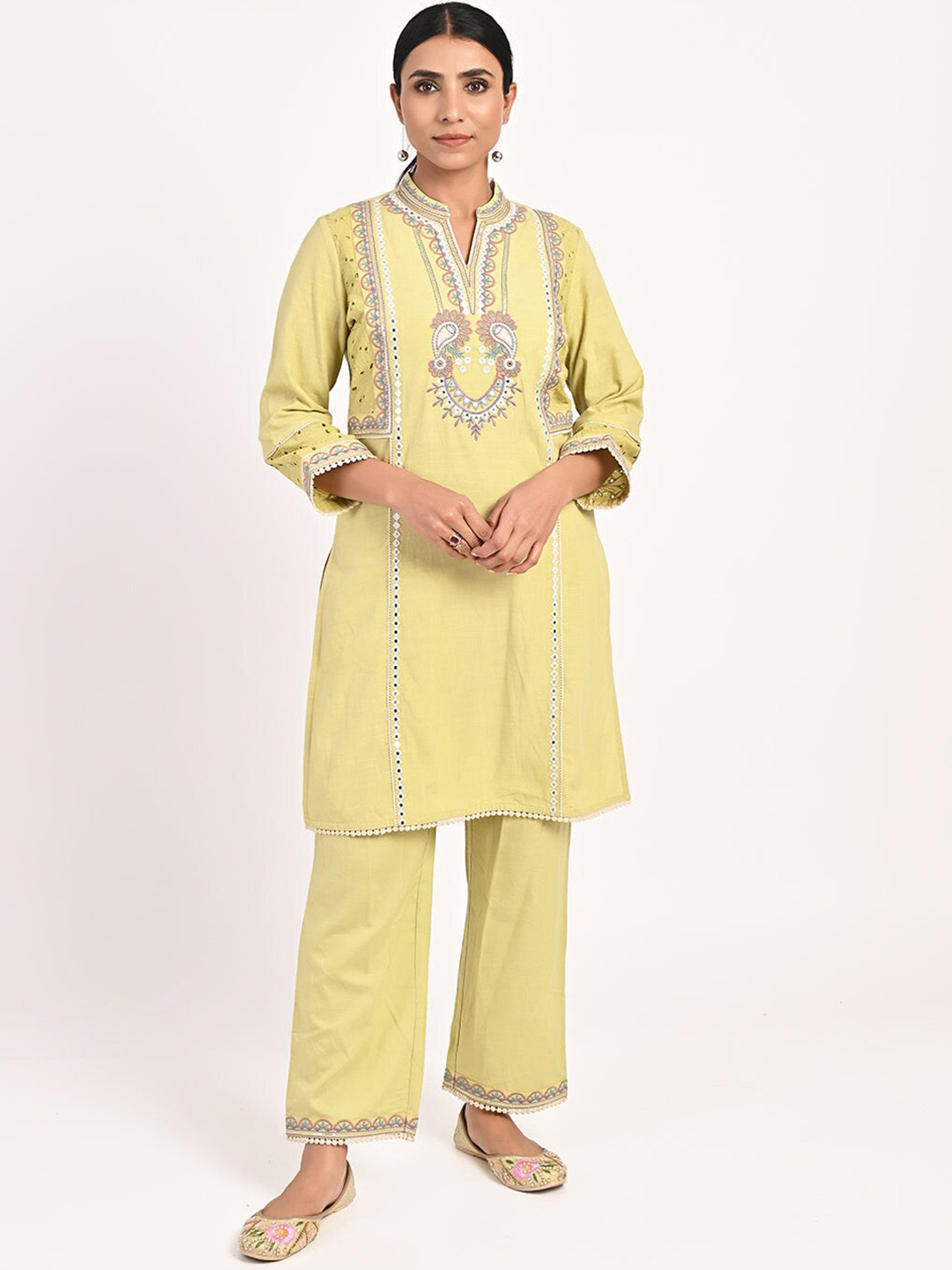 

Lakshita Paisley Embroidered Pure Cotton Kurta With Palazzos, Yellow