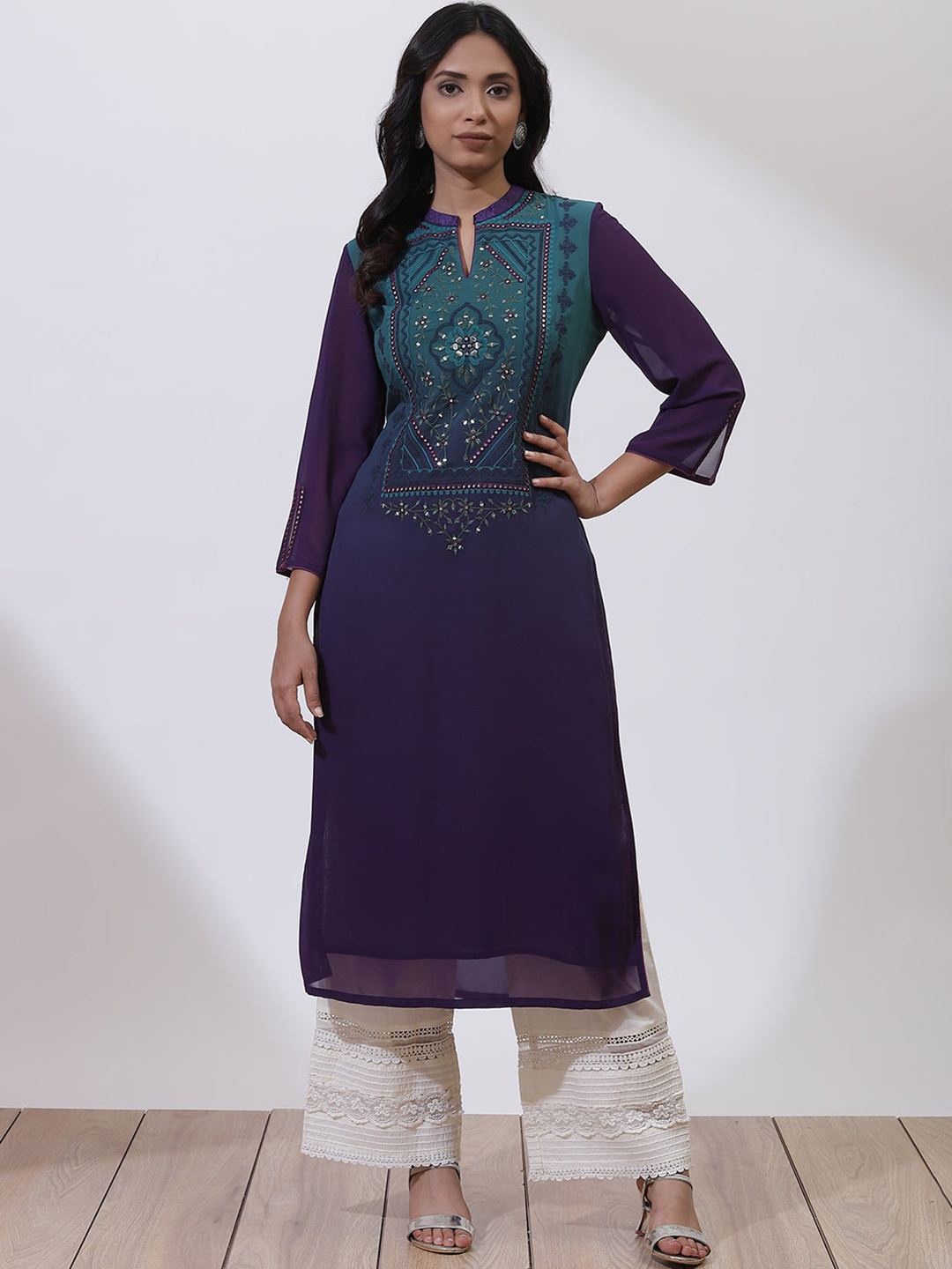 

Lakshita Ethnic Motifs Yoke Design Mandarin Collar Mirror Work Kurta, Navy blue