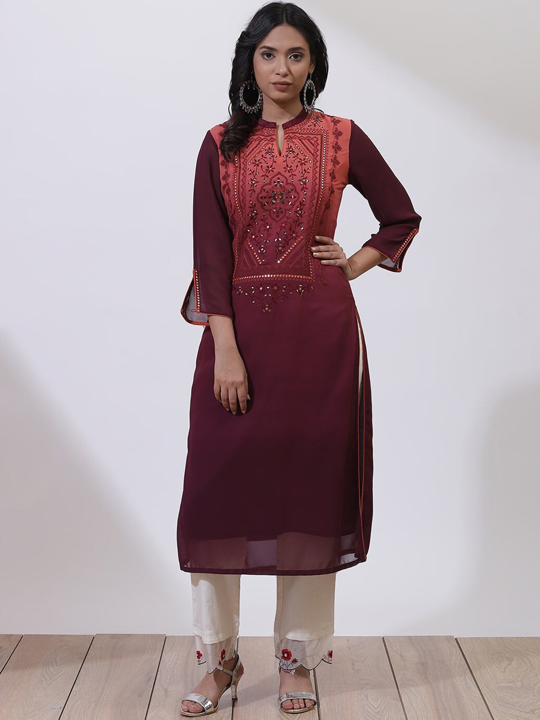 

Lakshita Ethnic Motifs Yoke Design Mandarin Collar Mirror Work Kurta, Maroon