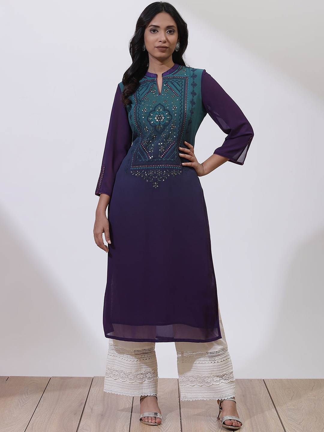 

Lakshita Ethnic Motifs Yoke Design Mandarin Collar Mirror Work Kurta, Navy blue