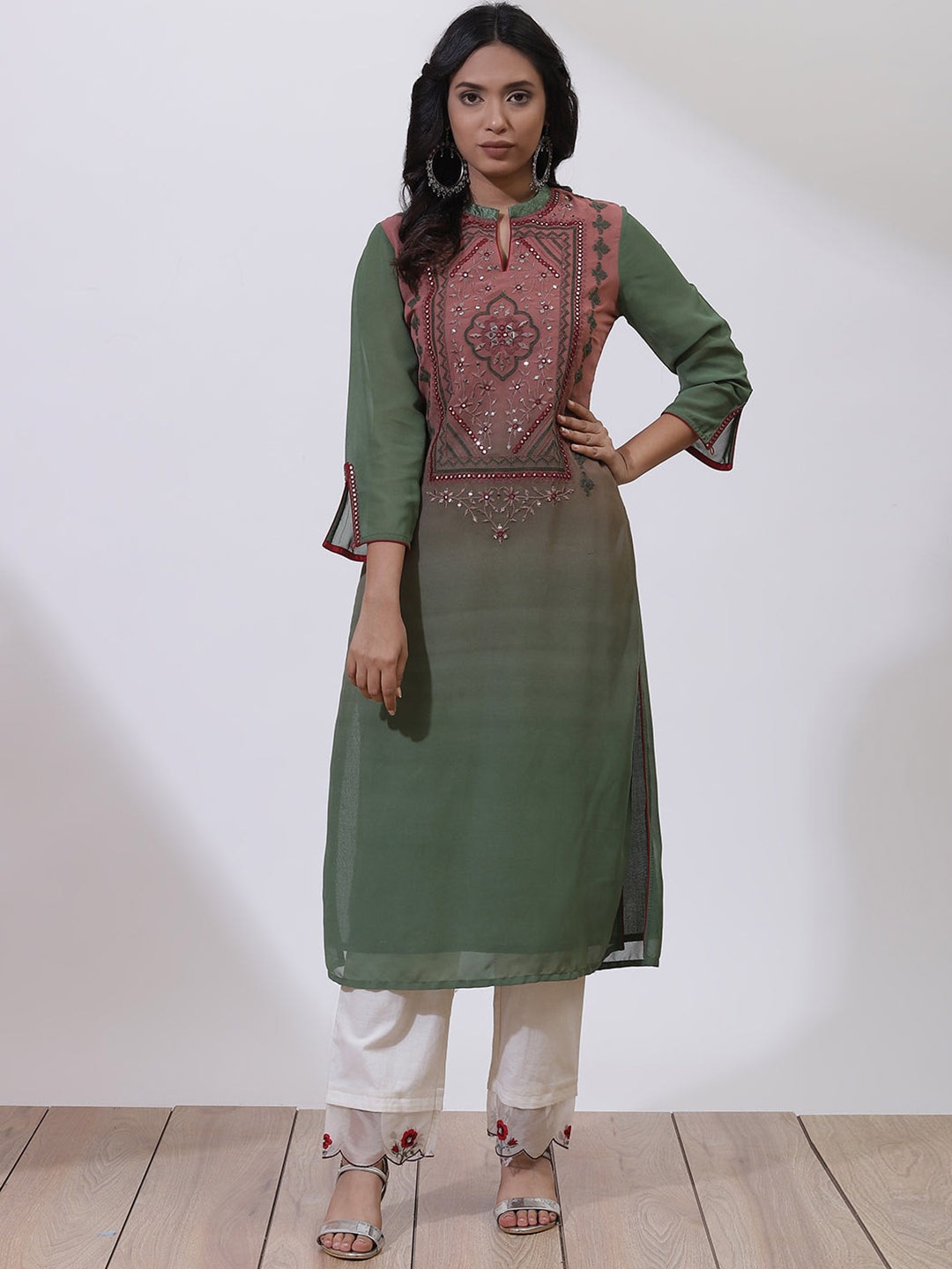 

Lakshita Ethnic Motifs Yoke Design Mandarin Collar Mirror Work Kurta, Olive