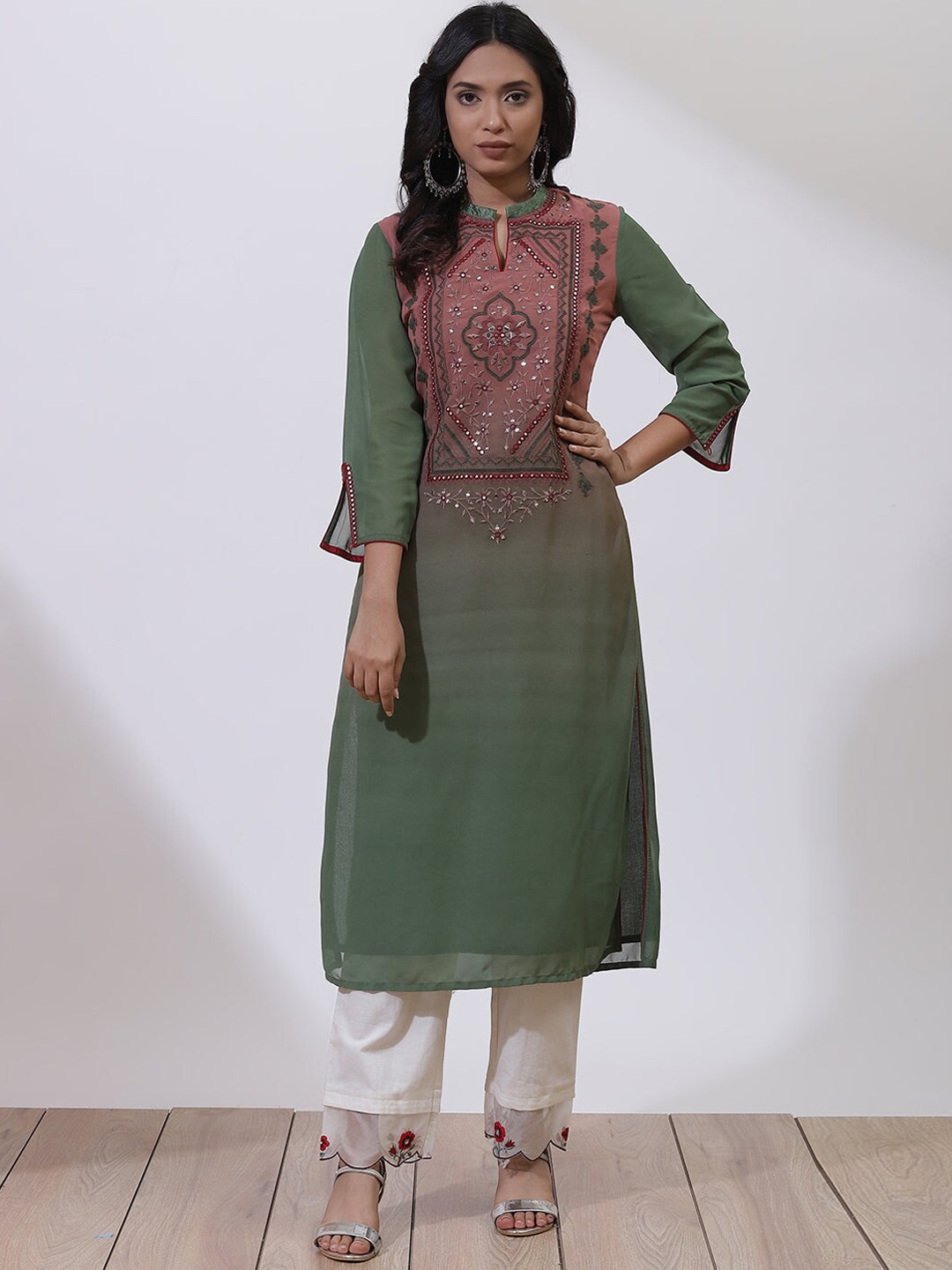 

Lakshita Ethnic Motifs Yoke Design Mandarin Collar Mirror Work Kurta, Olive