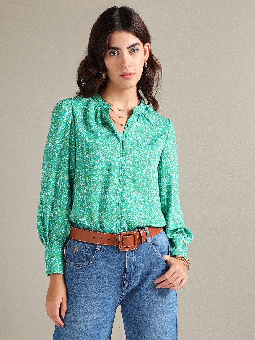 

U.S. Polo Assn. Women Mandarin Collar Floral Print Shirt, Green