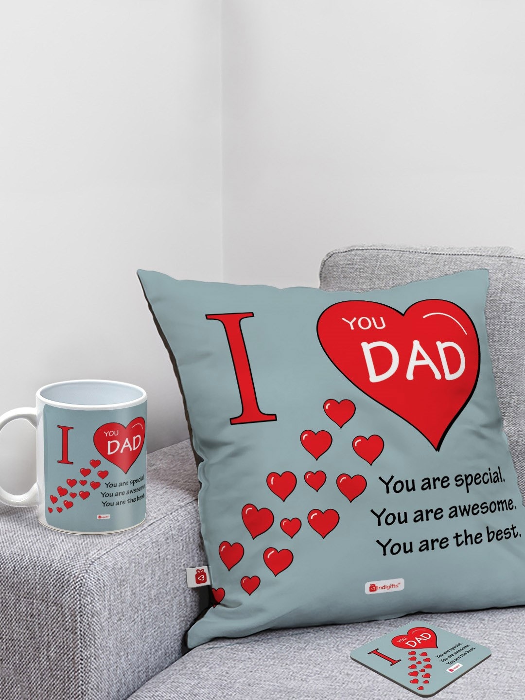

Indigifts 3 PC Red & Grey Printed Cushion and Coffee Mug with Coaster Dad Gift Set