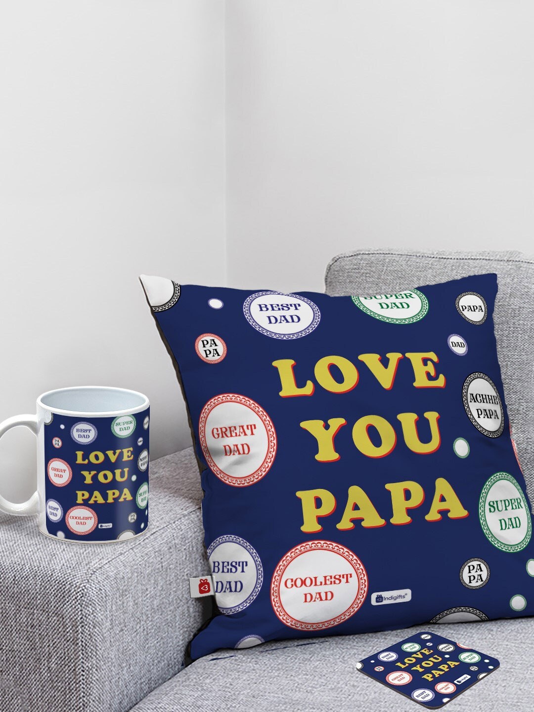 

Indigifts 3-Pieces Blue Printed Cushion and Coffee Mug with Coaster Fathers Day Gift Set