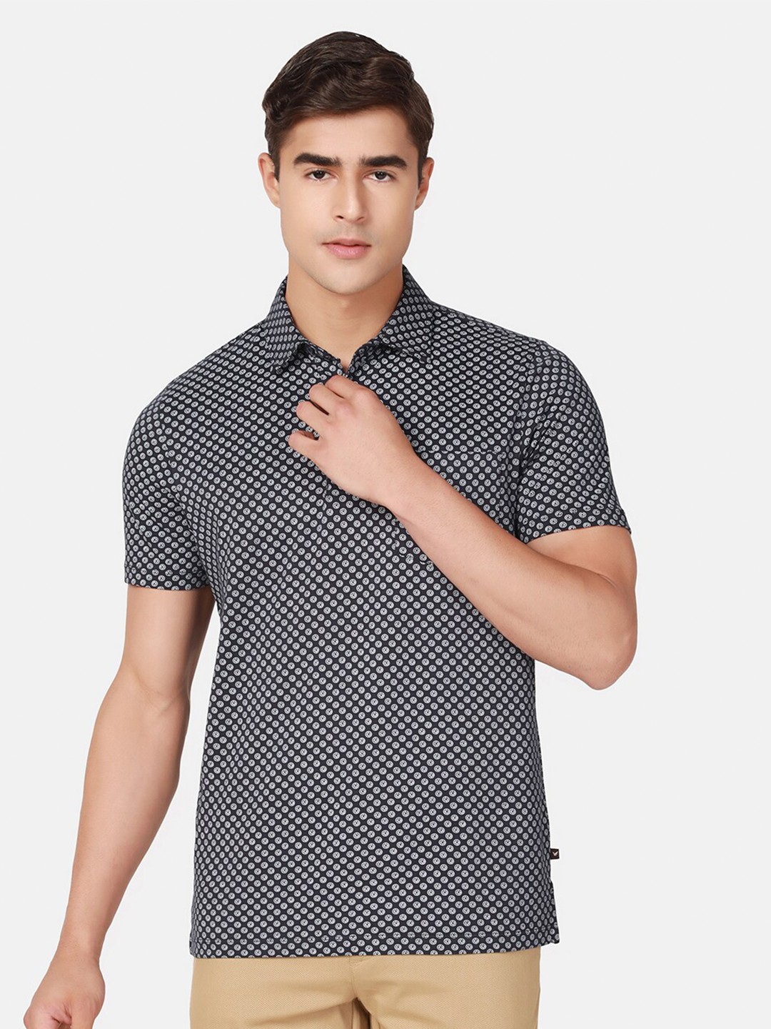 

Blackberrys Micro-Ditsy Printed Polo Collar Slim Fit Pure Cotton T-Shirt, Black