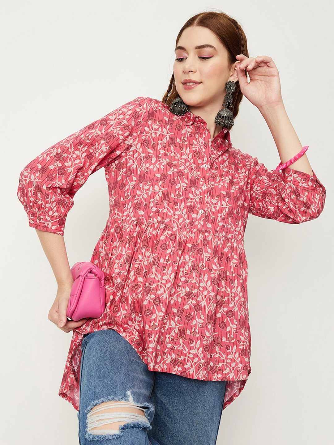 

max Shirt Collar Printed Tunic, Pink