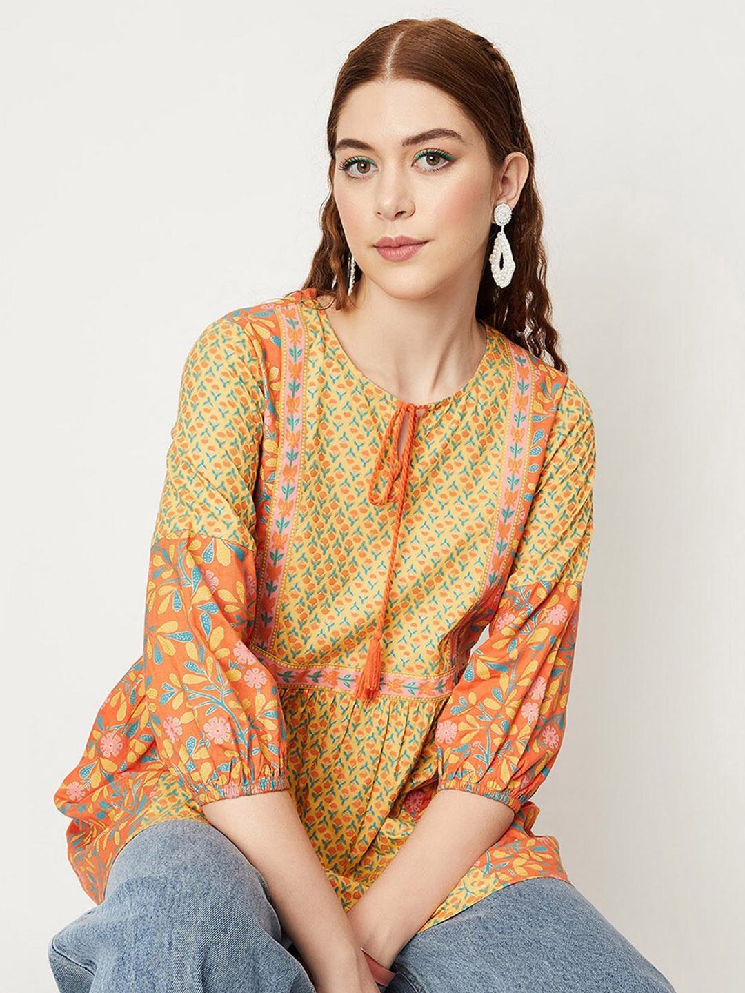 

max Viscose Rayon Printed Ethnic Tunic, Yellow