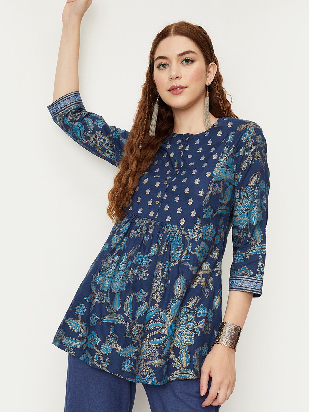 

max Viscose Rayon Printed Ethnic Tunic, Navy blue