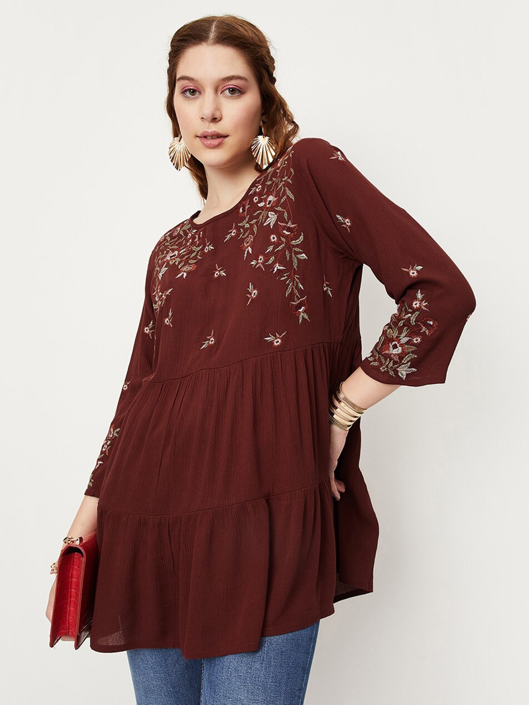 

max Viscose Rayon Embroidered Tunic, Brown