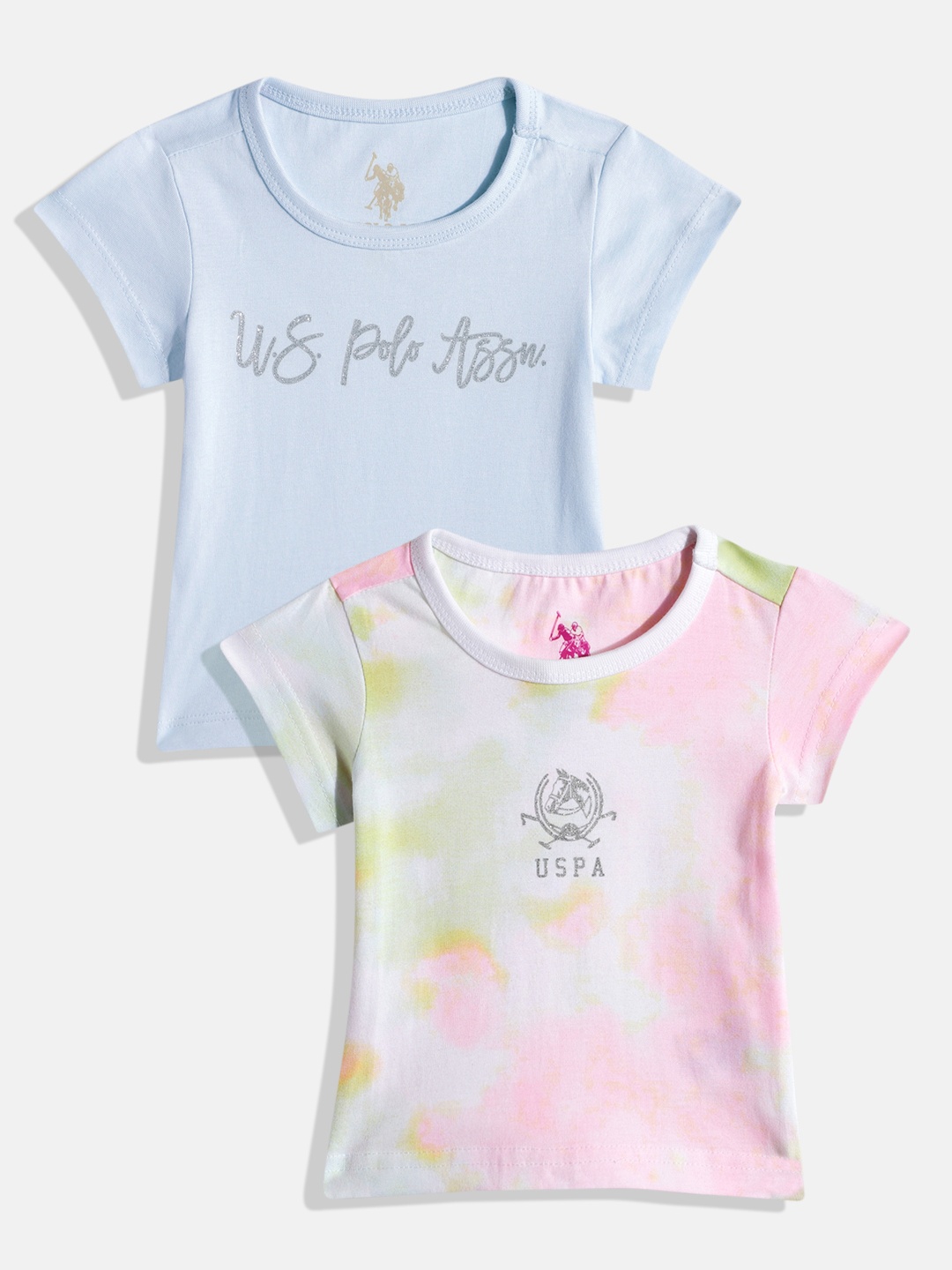 

U.S. Polo Assn. Kids Girls Pack of 2 Glitter Embellished Pure Cotton T-shirts, Blue