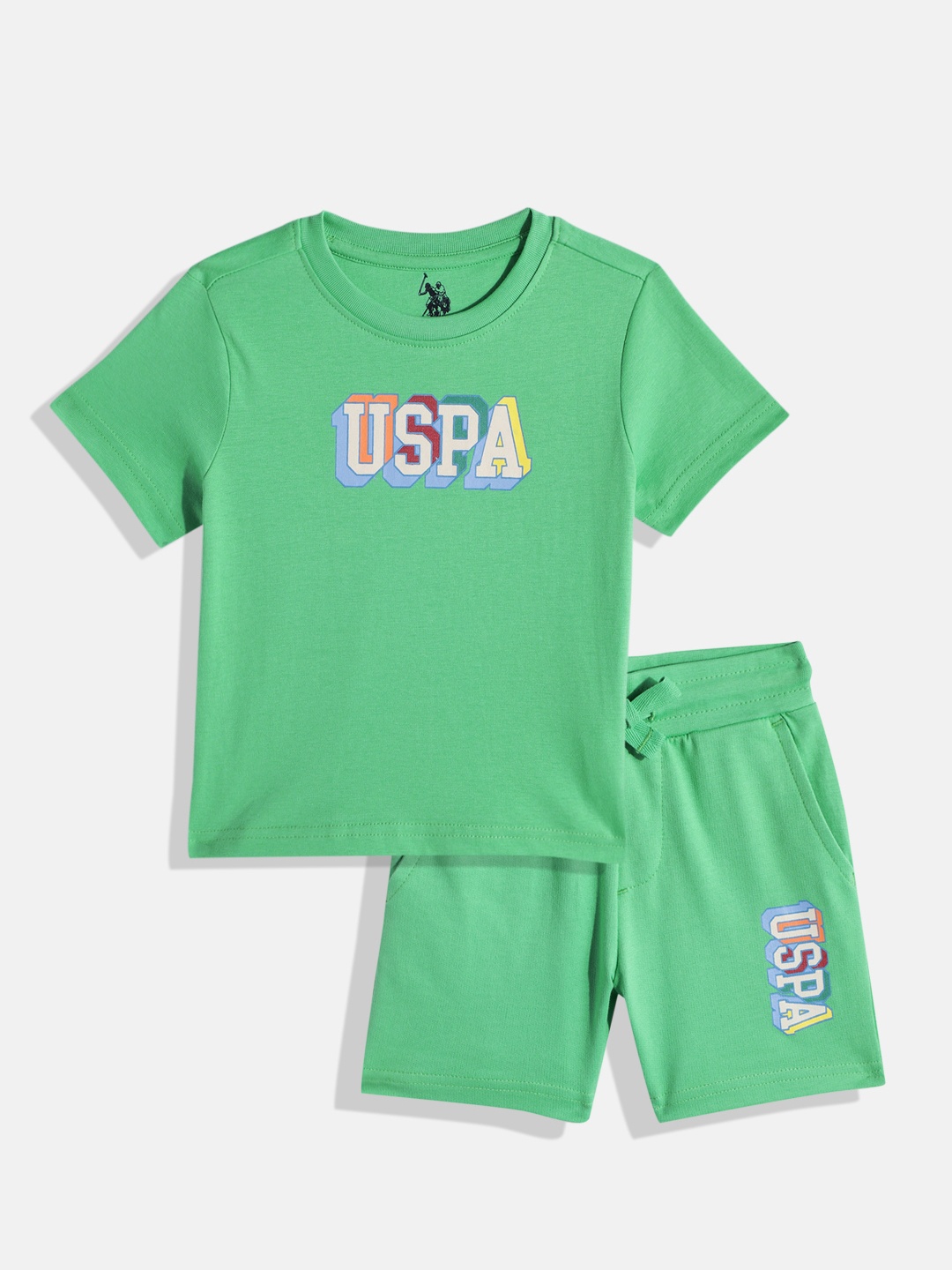 

U S Polo Assn Kids Boys Pure Cotton Printed T-shirt with Shorts, Green
