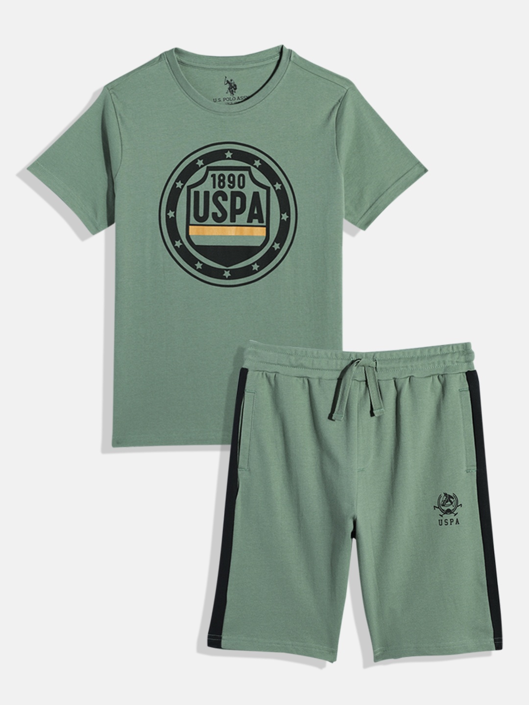 

U.S. Polo Assn. Kids Boys Brand Logo Print Knitted Pure Cotton T-shirt with Shorts, Olive