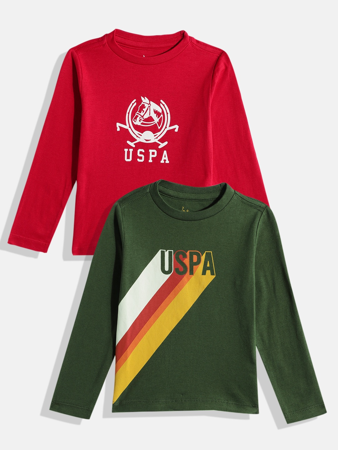 

U.S. Polo Assn. Kids Boys Set Of 2 Brand Logo Print Knitted Pure Cotton T-shirts, Green