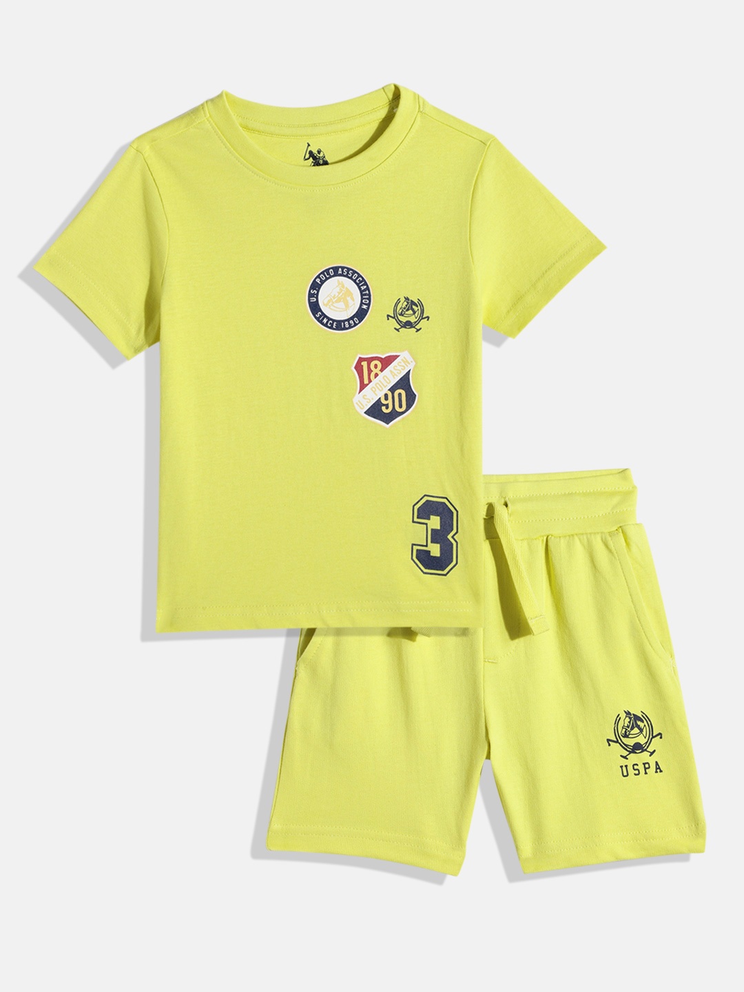 

U S Polo Assn Kids Boys Pure Cotton Printed T-shirt with Shorts, Lime green