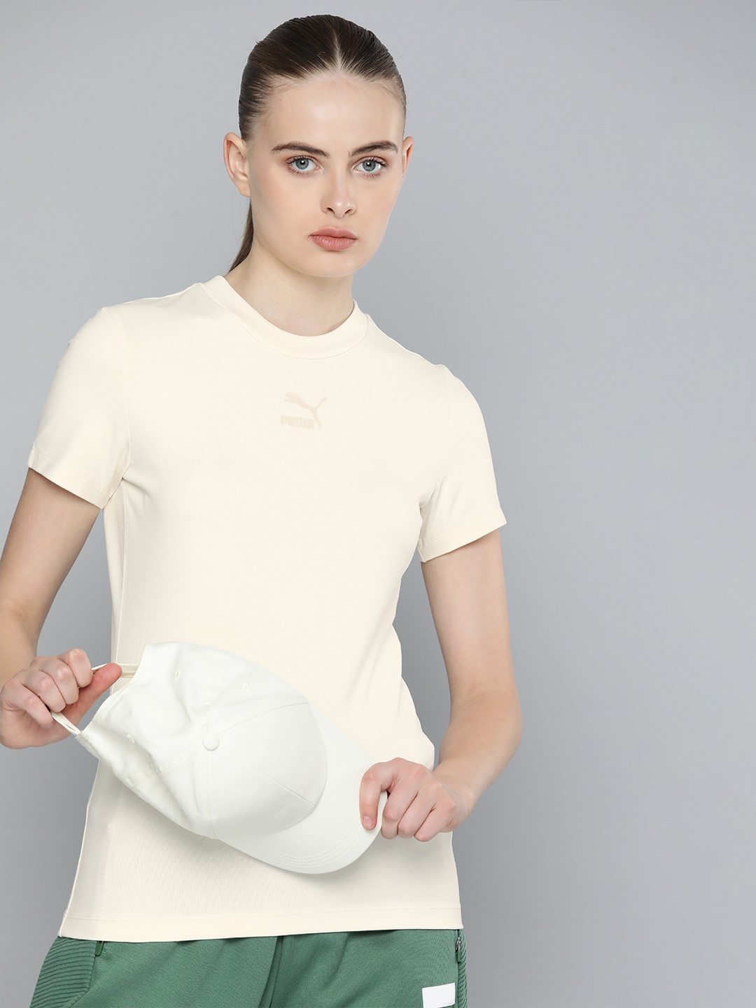 

Puma Women Classics Slim Fit Round Neck T-shirt, Cream
