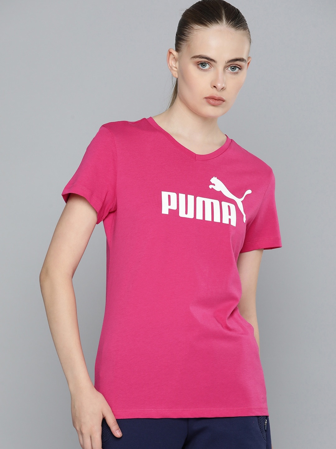 

Puma V-Neck Brand Logo Printed Regular Fit ESS Pure Cotton T-shirt, Pink
