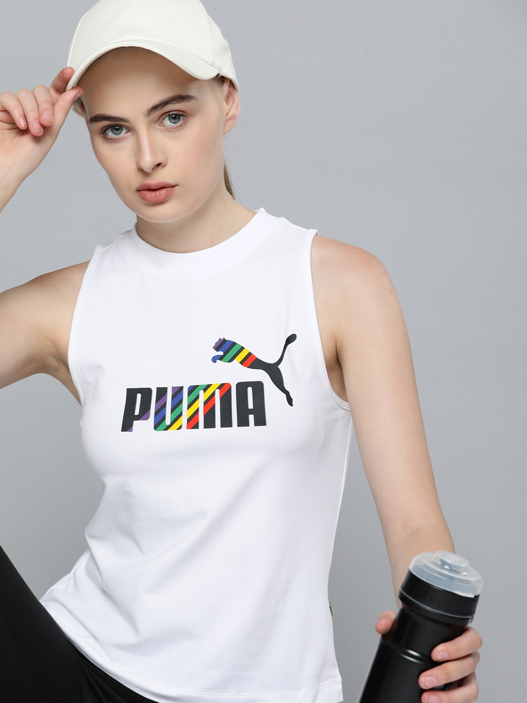 

Puma Essential+ LOVE IS LOVE Slim Fit Brand Logo Print Tank Top, White