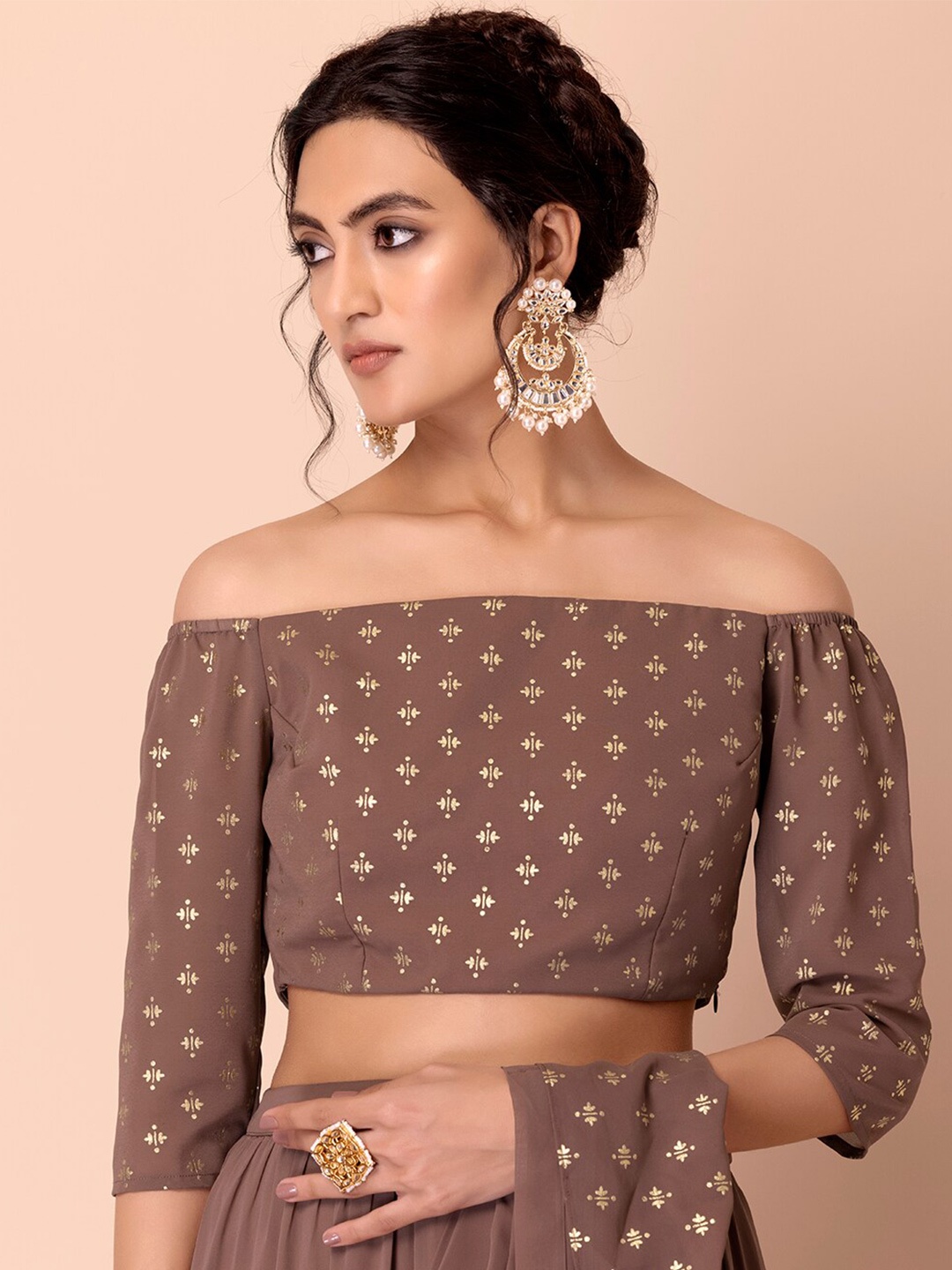 

INDYA Foil-Printed Ethnic Motif Foil Printed Off Shoulder Crop Blouson Top, Grey