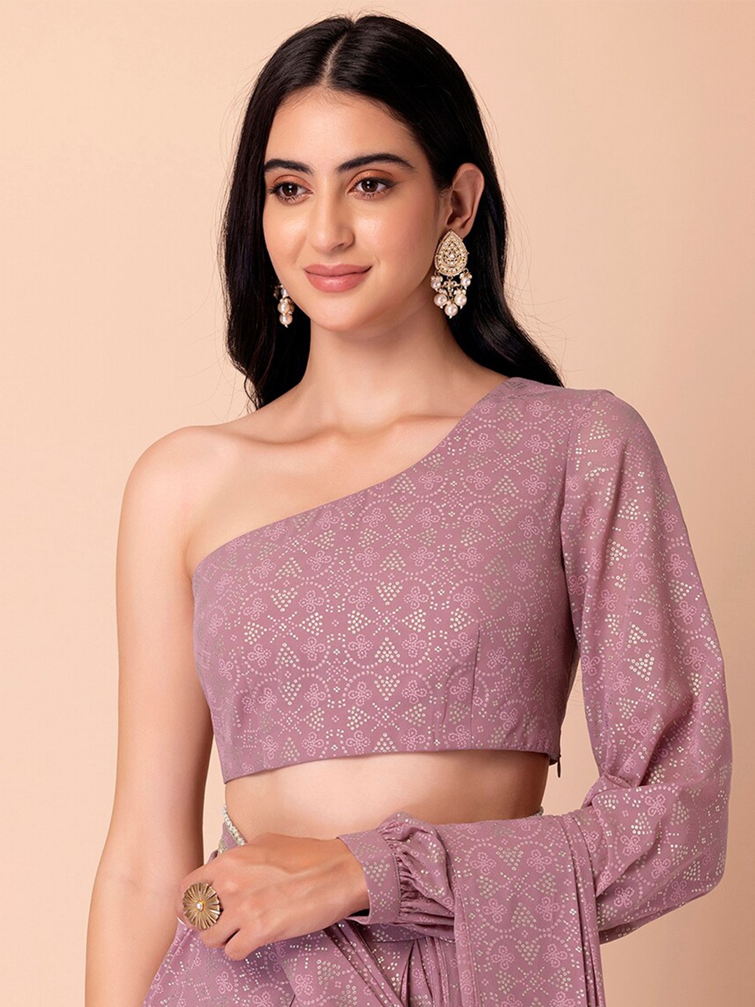 

INDYA Foil-Printed One Shoulder Saree Blouse, Mauve