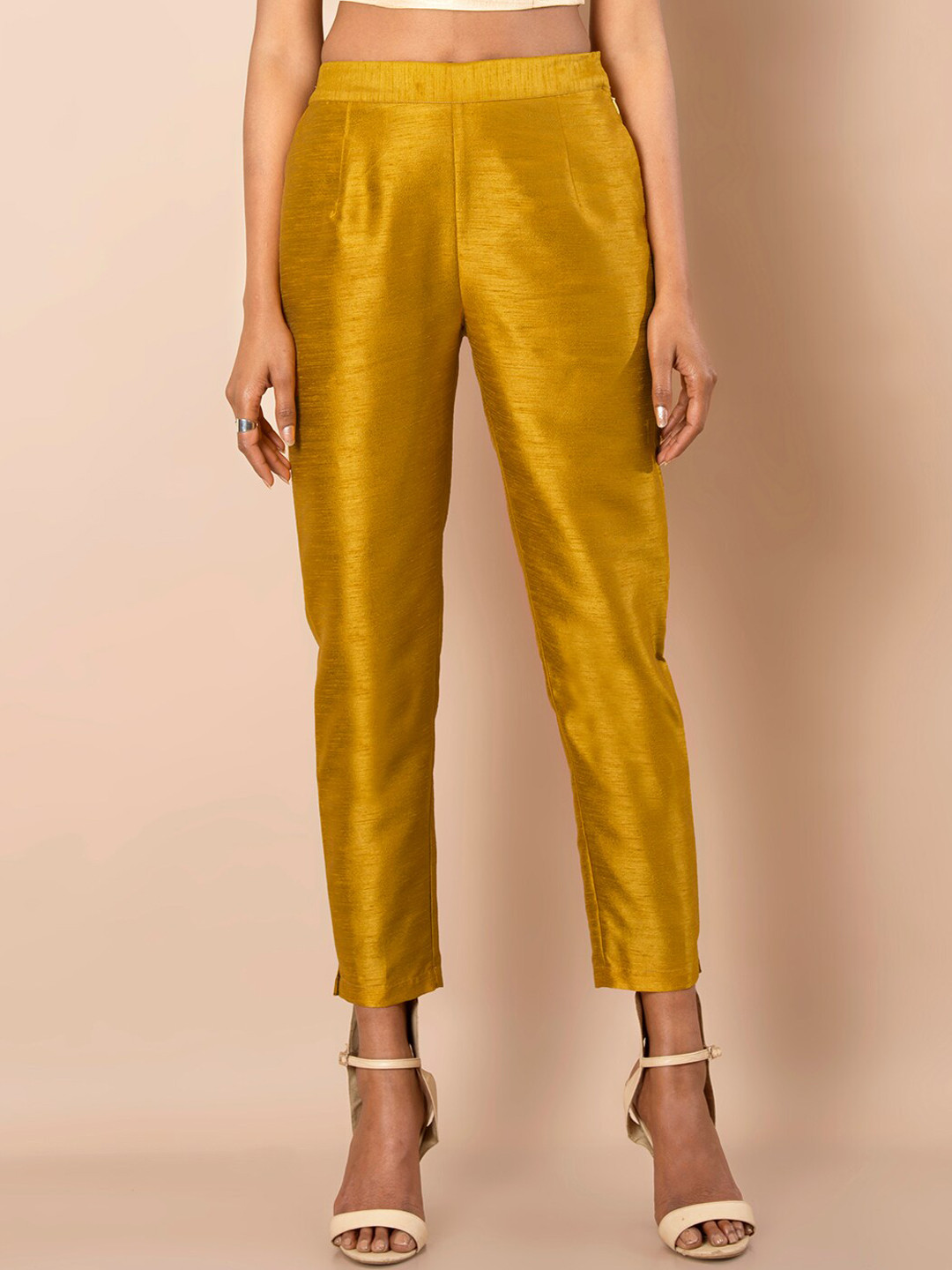 

INDYA Women Mid-Rise Cropped Plain Cigarette Trousers, Yellow