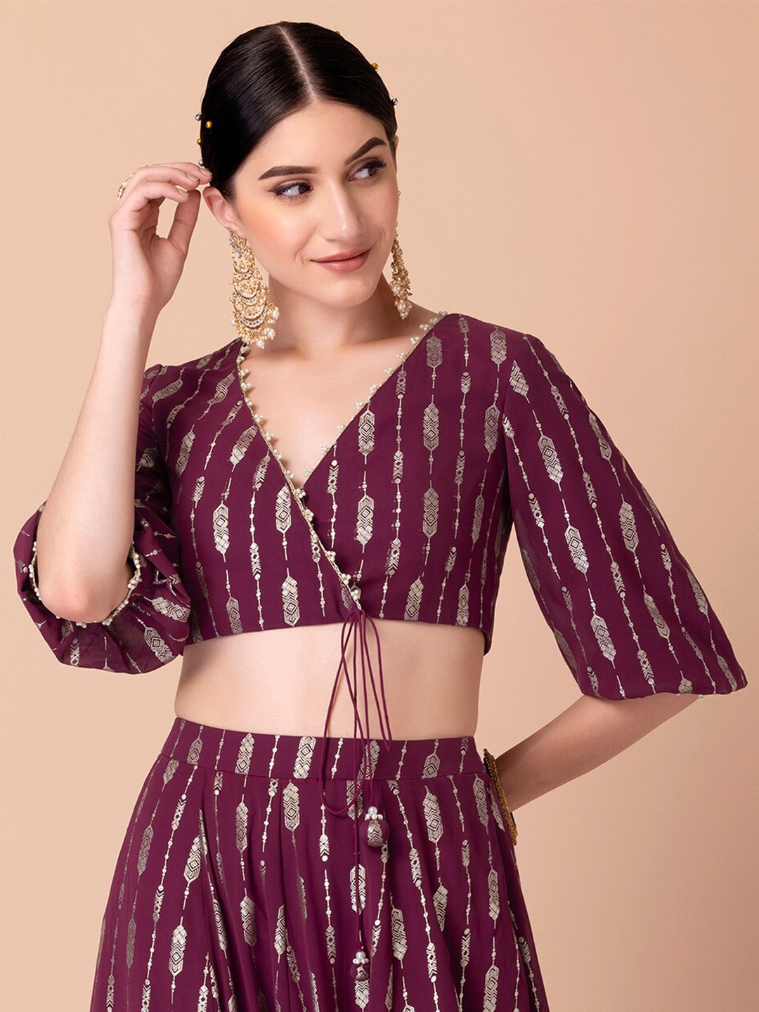 

INDYA Foil Printed V-Neck Flared Sleeves Saree Blouse With Beads & Stones, Burgundy