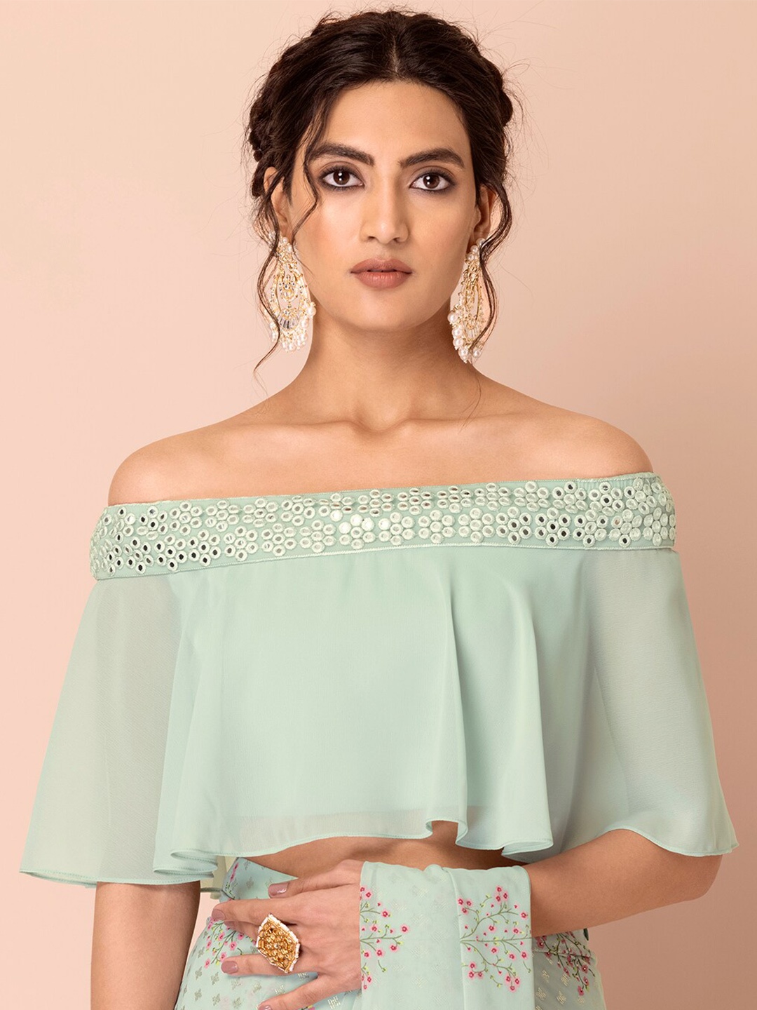 

INDYA Mirror Embellished Off Shoulder Crop Bardot Top, Green