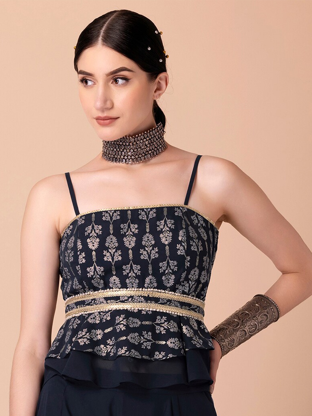 

INDYA Foil-Printed Shoulder Straps Sequinned Saree Blouse, Navy blue