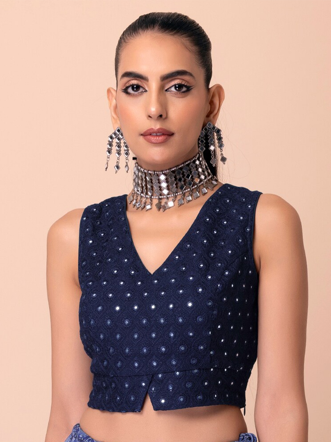 

INDYA V-Neck Sleeveless Mirror Embroidered Crop Ethnic Top, Navy blue