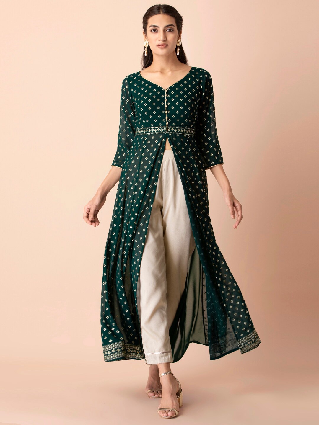 

INDYA High Slit Floral Printed A-Line Kurta, Green