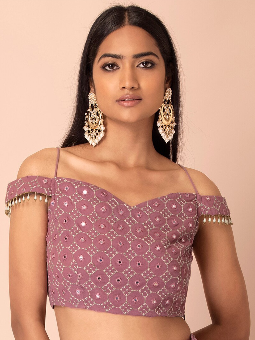 

INDYA Embroidered Strappy Off Shoulder Crop Ethnic Top, Pink