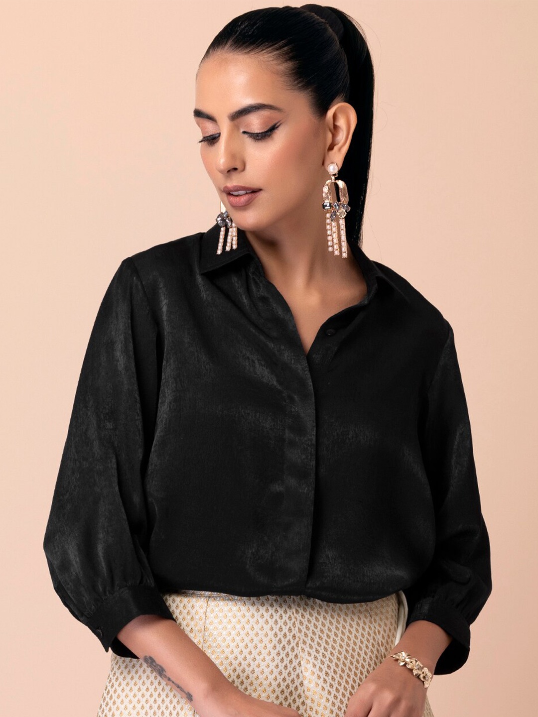 

INDYA Shirt Collar Cuffed Sleeves Styled Back Top, Black