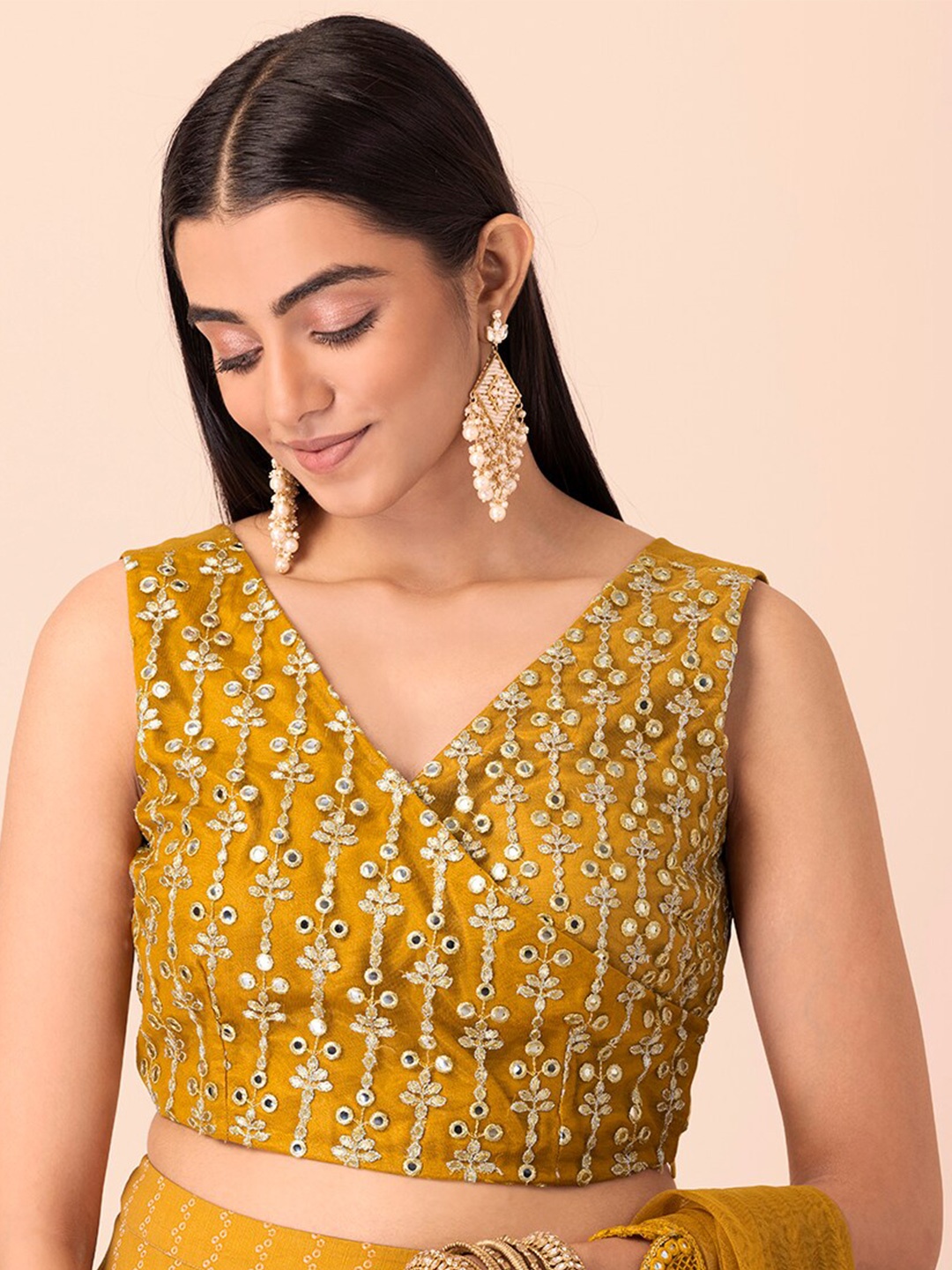 

INDYA Embellished Mirror Work Saree Blouse, Mustard