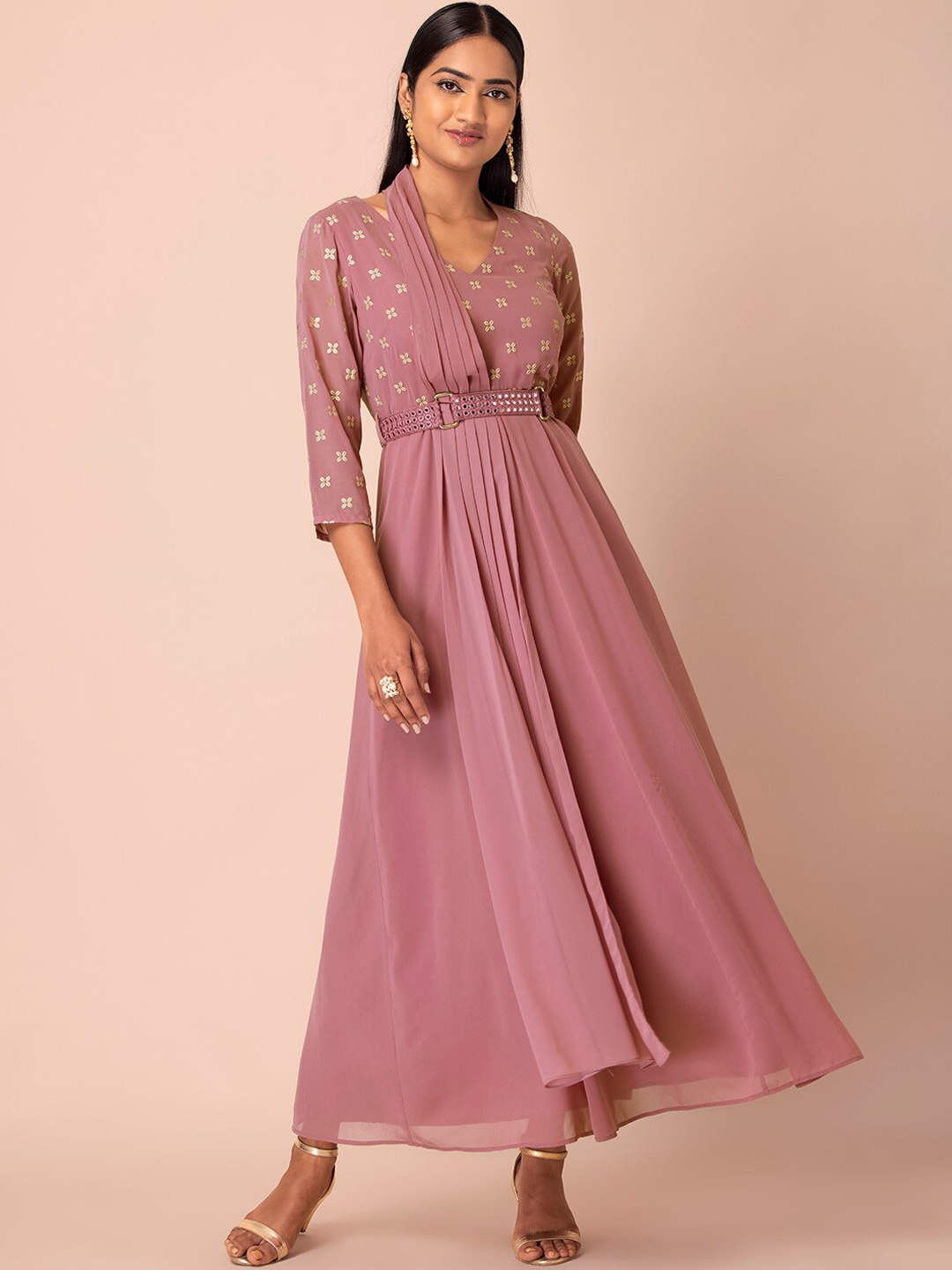 

INDYA V-Neck Floral Embroidered A-Line Belted Ethnic Dress With Attached Dupatta, Mauve